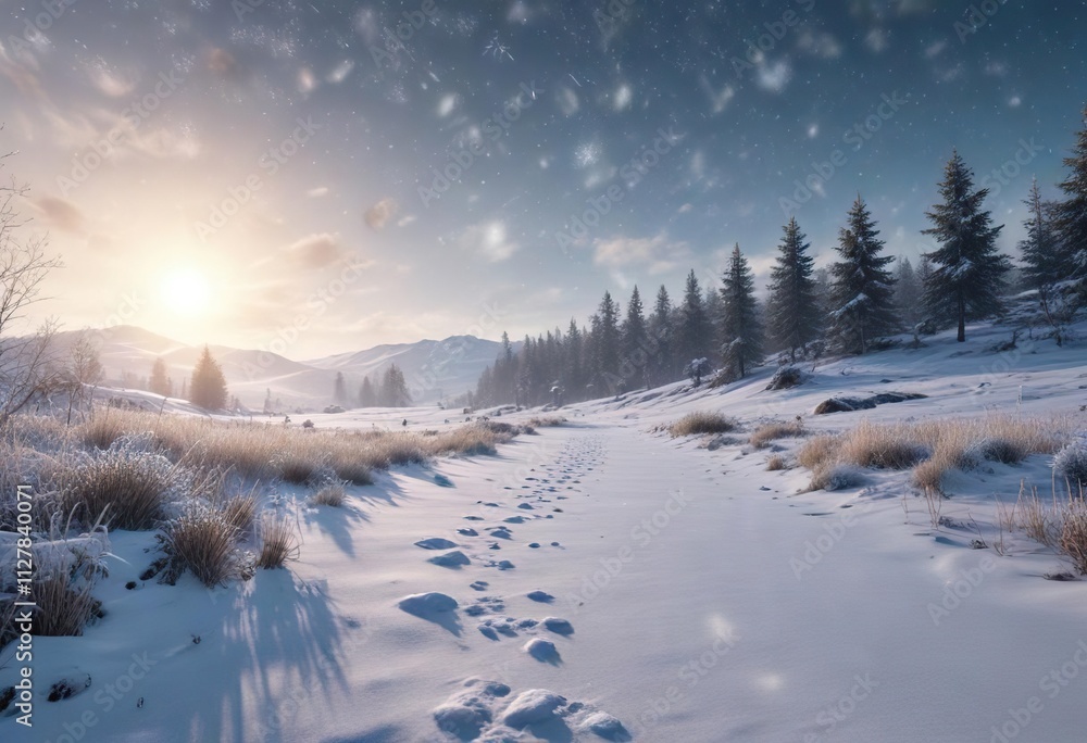 Frosty landscape with snowflakes falling from the sky , winter, snowfall Frosty landscape with snowflakes falling from the sky , winter, snowfall