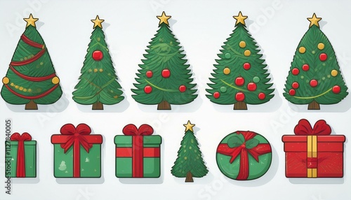 Christmas flat tree, gift box, hat, ball, wreath element set on isolated white background