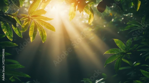 Morning sunlight streaming through jungle vines, with mist symbolizing energydriven moisture release photo