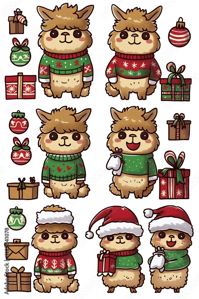 Fototapeta premium Clipart Illustration of kawaii alpacas dressed in holiday sweaters and Santa hats with gift bags on a white background