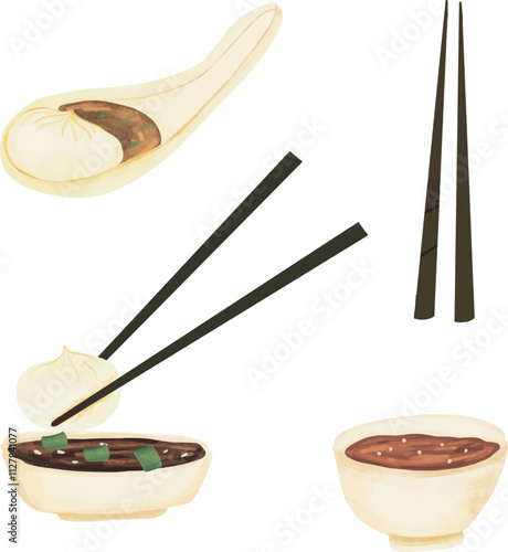 Hand drawn watercolor set of isolated Dim Sum dumplings with the chopsticks and the sauces, dumplings, hand drawn of dumplings, Vector illustrations of asian chinese dishes