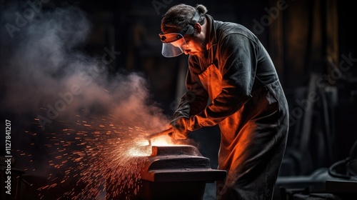 Foundry worker pouringmolten metal into mold.capturingintense heat andprecision of metalworkingprocess with glowing liquidmetal contrasting againstdark industrial background photo