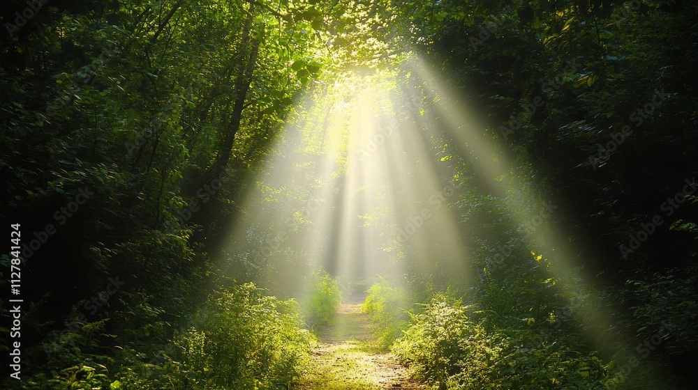 Illuminated Path: Symbolic Journey from Darkness to Light in Dense Forest Illuminated Path: Symbolic Journey from Darkness to Light in Dense Forest