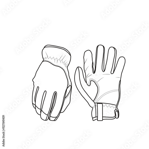 Glove with an elastic cuff for a secure fit. Safety work gloves, mechanic gloves line art. Isolated on a white background.