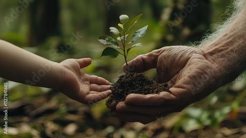 A young hand reaches out to receive a small sapling from an older hand, representing the passing of knowledge and care for the environment.