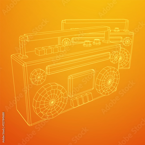 Retro Boombox outdated portable cassette tape recorder. Wireframe low poly mesh vector illustration.