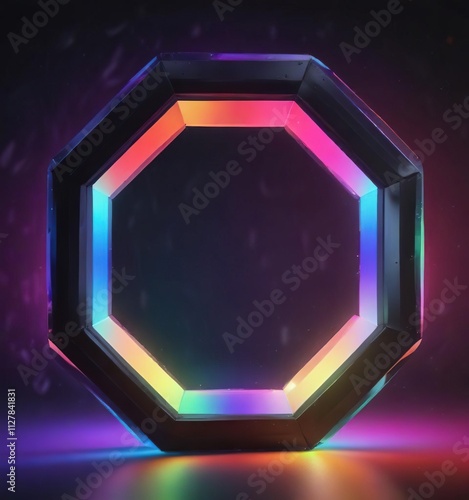 Iridescent abstract octagon shape illuminates the darkness with an intense rainbow glow , mystical aura, luminescent shapes, ethereal glow photo