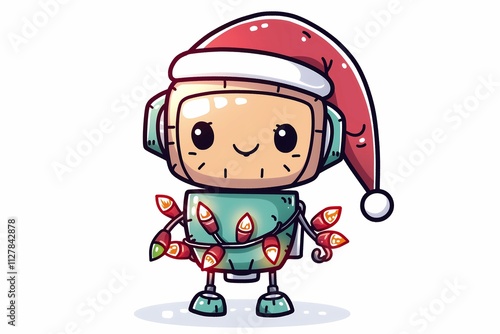 Cute Cartoon Robot with Santa Hat and String Lights for Festive Christmas Cheer on White Background