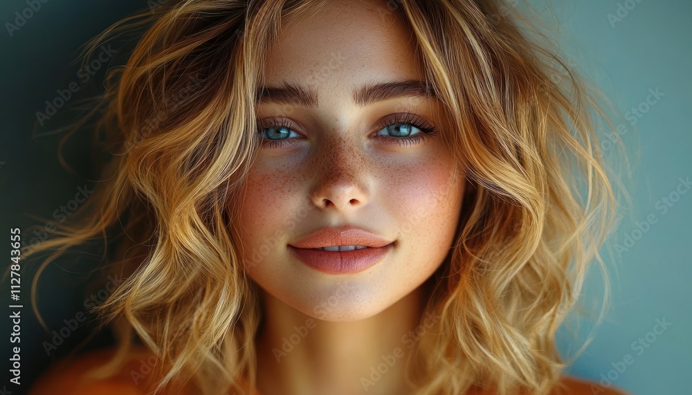 Smiling Woman with Wavy Blonde Hair Using Mobile Phone in Blue Background Smiling Woman with Wavy Blonde Hair Using Mobile Phone in Blue Background