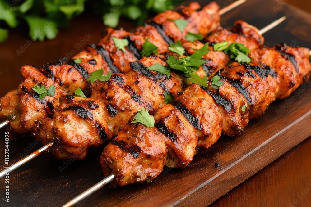 Grilled Chicken Skewers Garnished with Fresh Herbs on Wooden Board Grilled Chicken Skewers Garnished with Fresh Herbs on Wooden Board