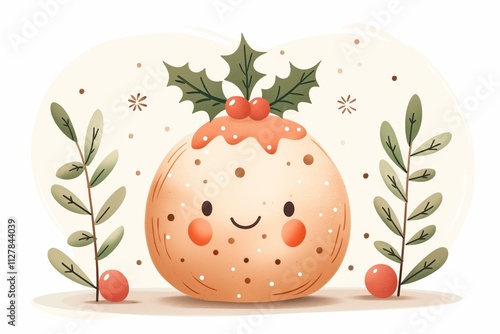 Kawaii Christmas Pudding Watercolor Illustration with Holly Berries on White Background