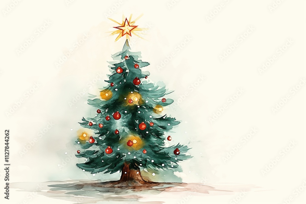 Festive Watercolor Christmas Tree Illustration with Gold Star and Colorful Ornaments on White Background, Copy Space Festive Watercolor Christmas Tree Illustration with Gold Star and Colorful Ornaments on White Background, Copy Space