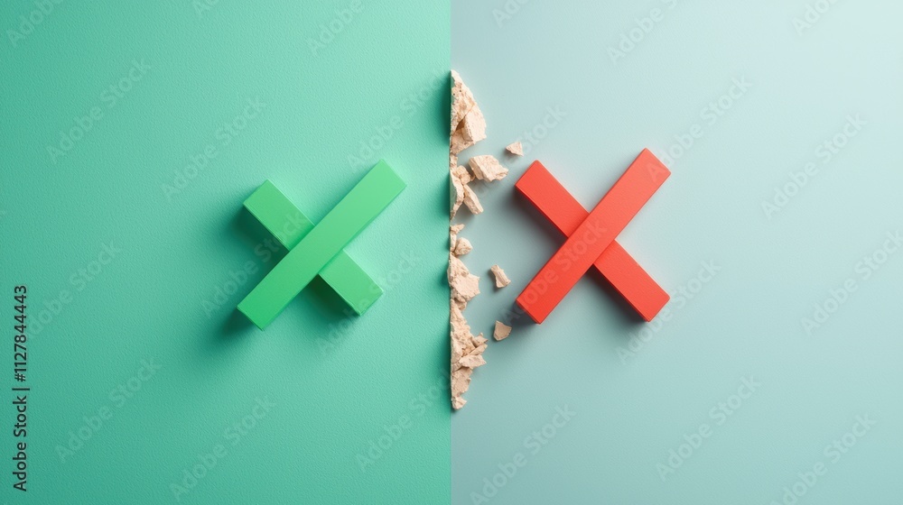 Obraz premium Error vs. Success (Tick vs. Cross) A split screen showing a green tick on one side and a red cross on the other, representing success versus failure, approval versus rejection, and right versus wrong.