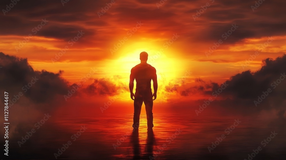 Silhouetted Man Standing Strong in Contemplation Before a Gorgeous Sunset Glow Silhouetted Man Standing Strong in Contemplation Before a Gorgeous Sunset Glow