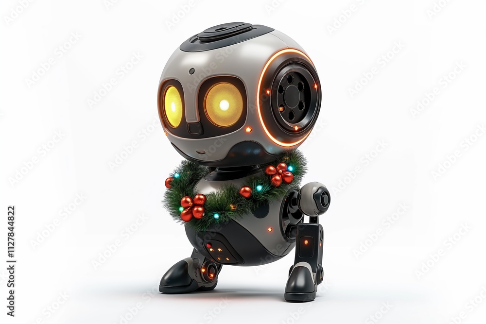 Fototapeta premium Cute Futuristic Robot with Christmas Wreath and Glowing Eyes in Festive Decor