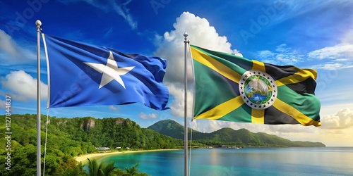 Panoramic View of Jamaica and Northern Mariana Islands Flags Displayed Together in a Vibrant Setting for Official Use and Representation photo