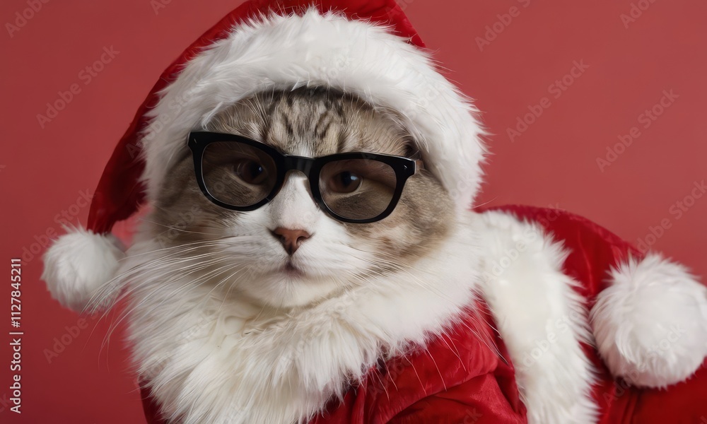 portrait of a cat wearing a santa claus hat, kitten wearing sunglass portrait of a cat wearing a santa claus hat, kitten wearing sunglass