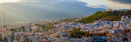 Sunset panoramic view of famous blue city of Chefchaouen in Morocco