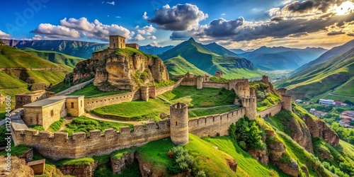 Panoramic View of the Ruins of Gunibsky Fortress in Dagestan, Showcasing the Protective Wall and Gates Against a Stunning Natural Backdrop photo