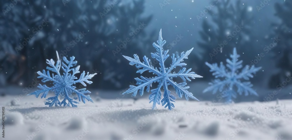 Soft and feathery blue snowflakes drifting lazily through a snowy scene, gentle breeze, feathery texture Soft and feathery blue snowflakes drifting lazily through a snowy scene, gentle breeze, feathery texture