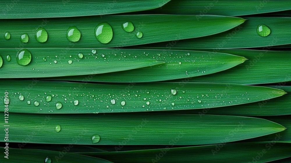 Obraz premium Close Up of Grass Blades with Texture Macro shot of dew drops clinging to vibrant green grass blades, showcasing the intricate details and textures of nature.