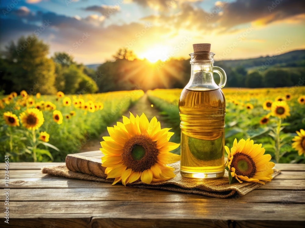 A rustic sunflower oil bottle rests on a wooden table, bathed in sunlight; natural product, stunning landscape photography. A rustic sunflower oil bottle rests on a wooden table, bathed in sunlight; natural product, stunning landscape photography.