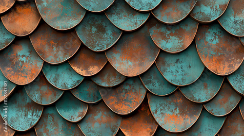 Wallpaper Mural A seamless texture showcasing a pattern of bronze dragon scales in rich copper and verdigris hues. Verdigris. Illustration Torontodigital.ca