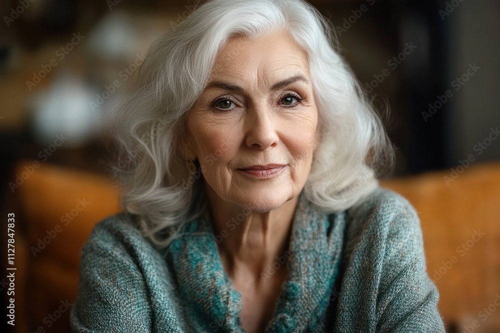 Elderly woman with white hair in cozy kitchen setting warm natural lighting serious expression portrait Elderly woman with white hair in cozy kitchen setting warm natural lighting serious expression portrait