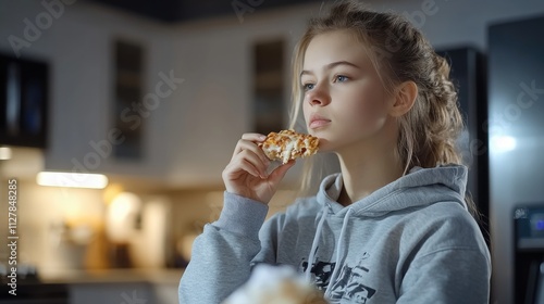 Nocturnal binge eating disorder, psychological condition marked by overeating during night, driven by emotional triggers, disrupting sleep patterns, leading to feelings of guilt, shame, poor health. photo