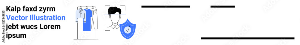 Man profile icon with shield, blue accents, and lorem ipsum text blocks. Ideal for data security, user authentication, privacy protection, online identity verification, cybersecurity, information Man profile icon with shield, blue accents, and lorem ipsum text blocks. Ideal for data security, user authentication, privacy protection, online identity verification, cybersecurity, information