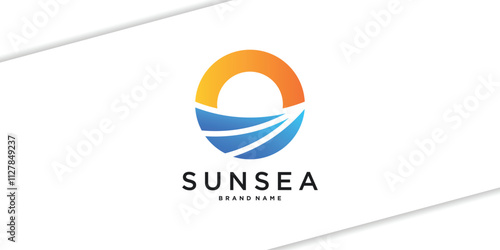 Abstract circular sun and sea waves logo design. Premium Vector