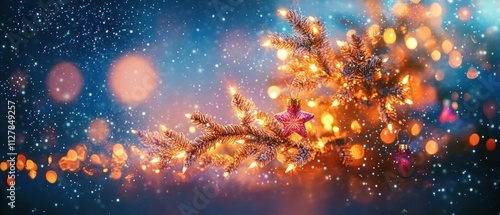 Christmas tree with twinkling lights and snowflakes in a cozy festive winter celebration