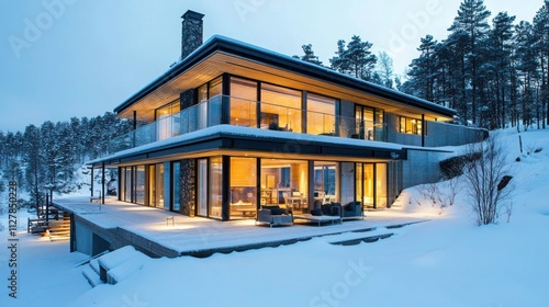 Modern Scandinavian-style winter house, minimalist, glass walls, snowy background 