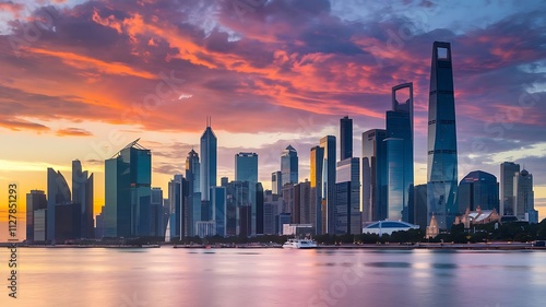 A breathtaking view of a city skyline at sunset, showcasing towering skyscrapers and vibrant colors