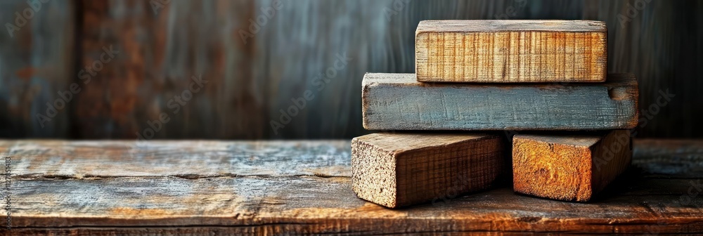 Wooden Still Life with Stacked Blocks on Weathered Table in Soft Impressionistic Light Wooden Still Life with Stacked Blocks on Weathered Table in Soft Impressionistic Light
