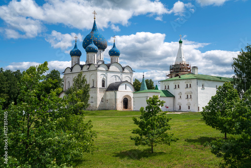 Cathedral of the Nativity of the Most Holy Theotokos (Bogoroditse-Rozhdestvensky Cathedral) and the Cathedral Bell Tower in the Suzdal Kremlin on a summer day, Vladimir region, Russia photo