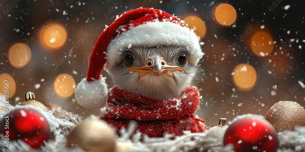 Santa ostrich with a festive red hat and scarf, standing in a snowy savanna decorated with glowing holiday ornaments, playful and unique. Santa ostrich with a festive red hat and scarf, standing in a snowy savanna decorated with glowing holiday ornaments, playful and unique.