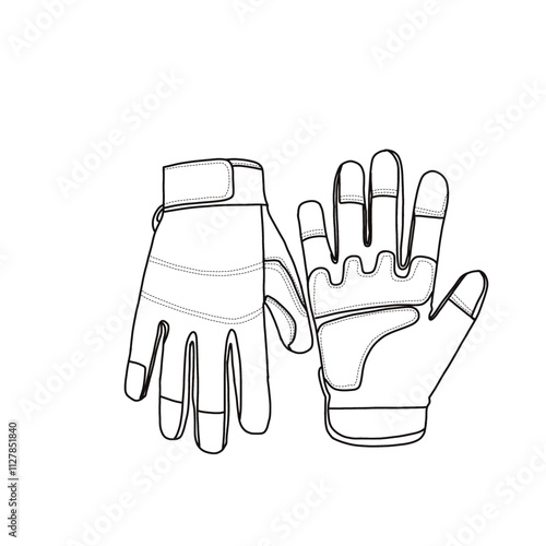 Technical sketch drawing of a pair of safety work gloves, utility mechanic working gloves, padded knuckles, and palm line art.