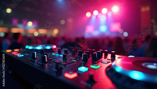 DJ music festival stage visible in background. DJ controller in foreground. Colorful lights illuminate crowd. Energetic atmosphere. Nighttime event. Music equipment. Event. Clubbing. Dance. photo