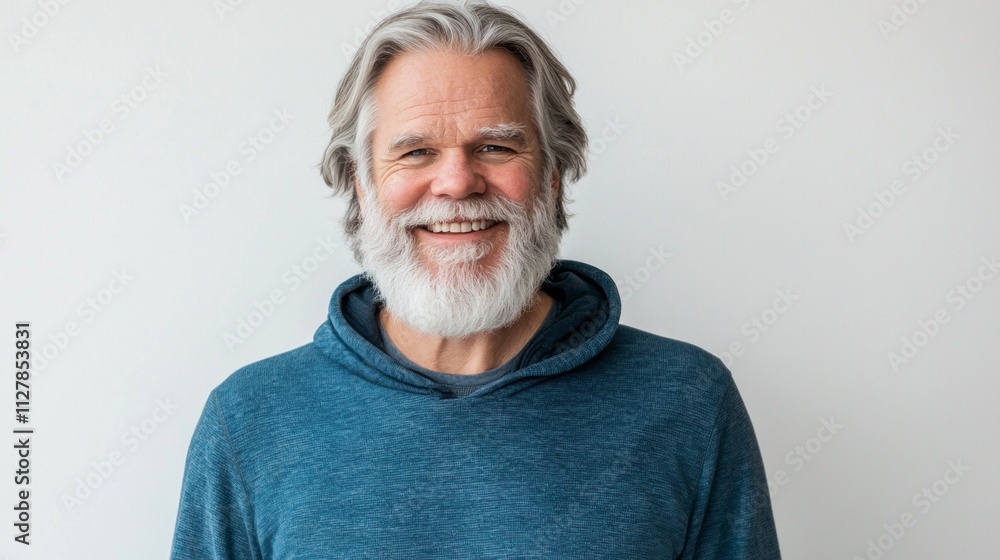In a serene indoor space, a happy mature man with a white beard and vibrant smile radiates warmth and contentment. He wears a cozy sweater, embodying a cheerful spirit In a serene indoor space, a happy mature man with a white beard and vibrant smile radiates warmth and contentment. He wears a cozy sweater, embodying a cheerful spirit
