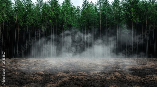 Forest clearing with water vapor rising under direct sunlight, powered by the energy cycle