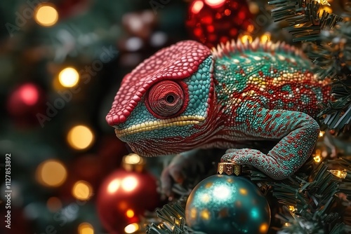 Santa chameleon with a festive red-and-green pattern, blending into a Christmas tree surrounded by glowing ornaments, creative mascot.