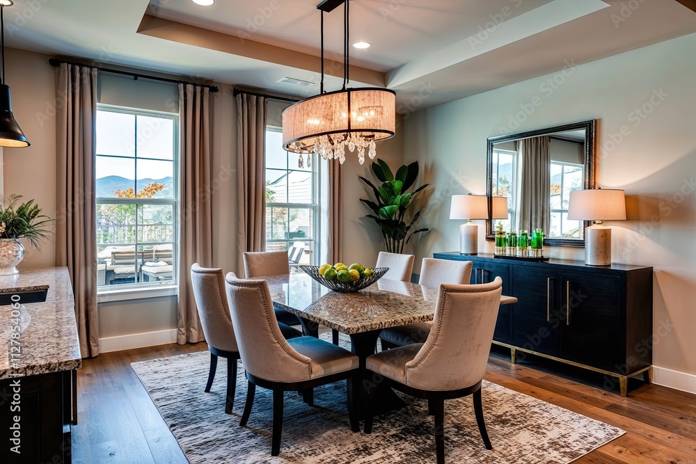 Cozy Modern Dining Room Featuring Granite Table and Plush Seating in Elegant Home Decor Cozy Modern Dining Room Featuring Granite Table and Plush Seating in Elegant Home Decor
