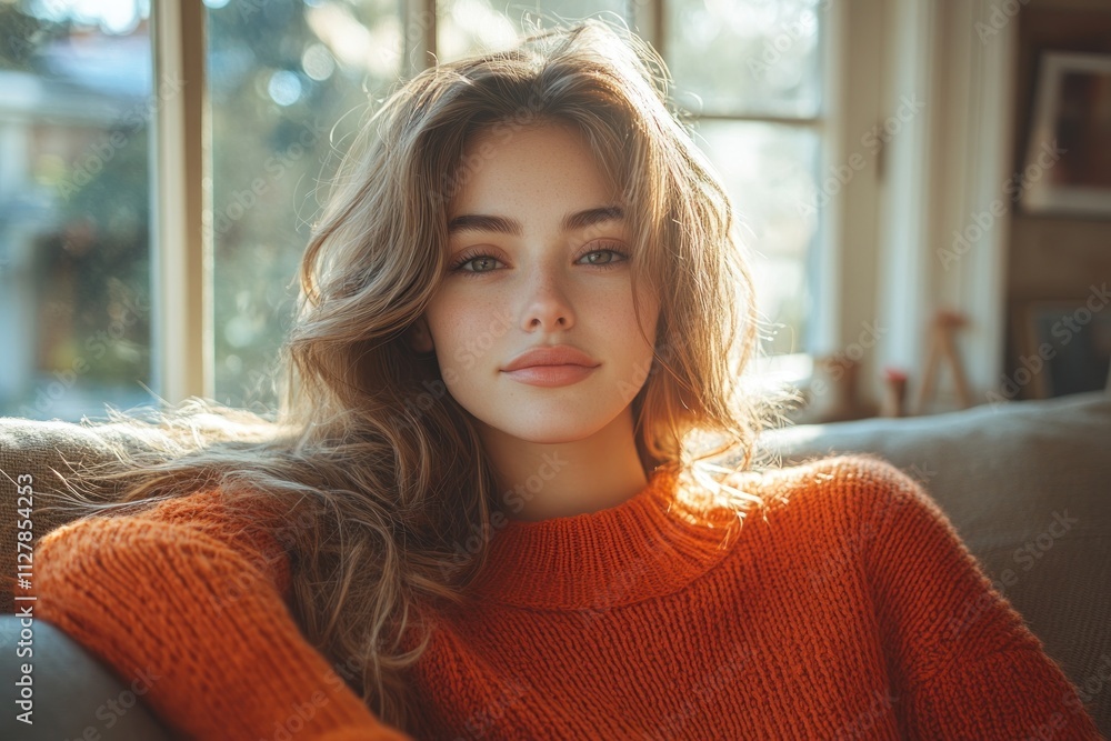 Happy young woman in bright orange sweater relaxing on sofa using smartphone for online shopping Happy young woman in bright orange sweater relaxing on sofa using smartphone for online shopping
