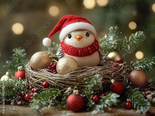 Santa baby bird in a festive nest, chirping cheerfully, surrounded by tiny ornaments, cozy holiday vibes.