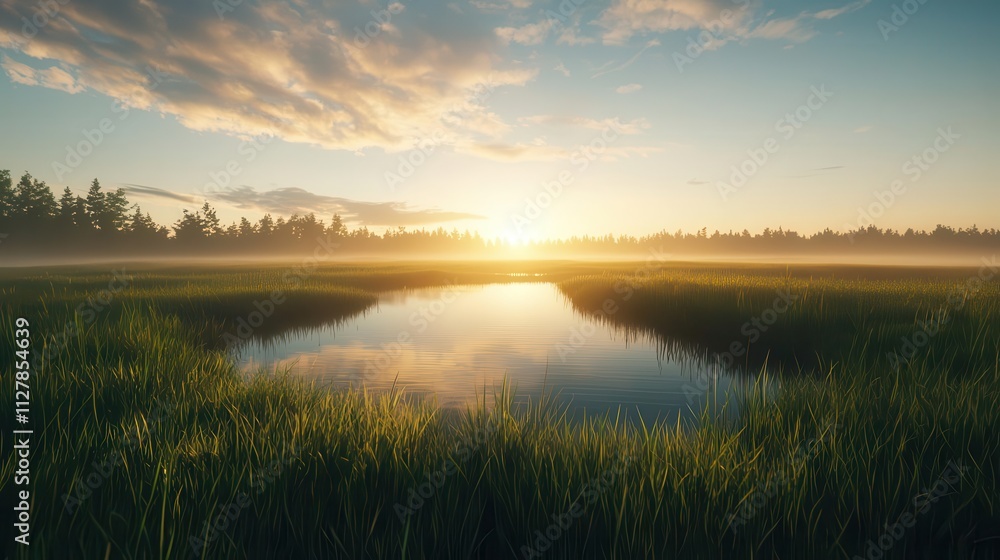 Mist rising from a sunlit wetland, visualizing the ecosystem s natural energy and water cycle Mist rising from a sunlit wetland, visualizing the ecosystem s natural energy and water cycle