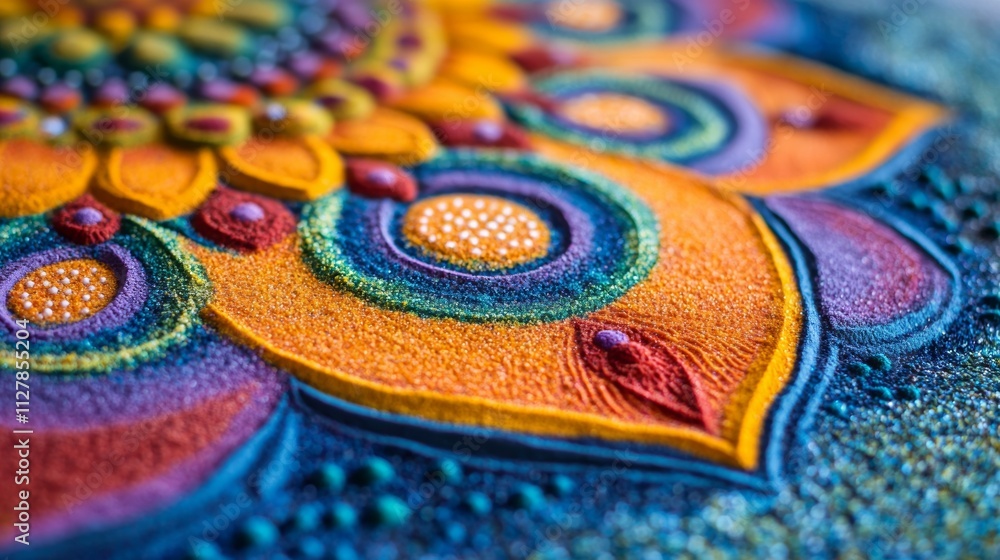 Close-Up of Colorful Mandala Sand Art Creating Vibrant Patterns Close-Up of Colorful Mandala Sand Art Creating Vibrant Patterns