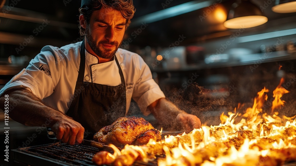 Chef grilling chicken over an open flame in a busy kitchen. Chef grilling chicken over an open flame in a busy kitchen.