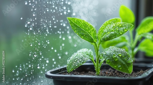 Vibrant indoor greenhouse with condensation on glass, visualizing controlled energydriven transpiration photo