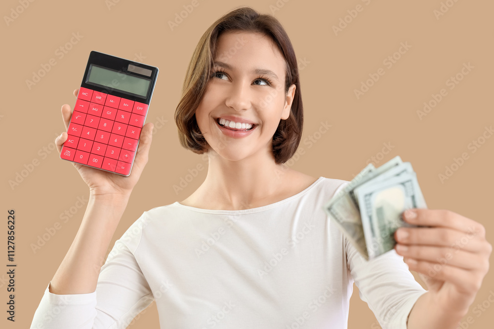 Young woman with money and calculator on beige background, closeup Young woman with money and calculator on beige background, closeup